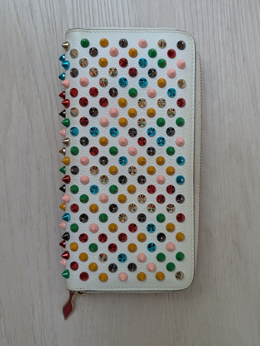 Christian Louboutin White Leather Panetone Multicolor Spikes Zip-Around Wallet